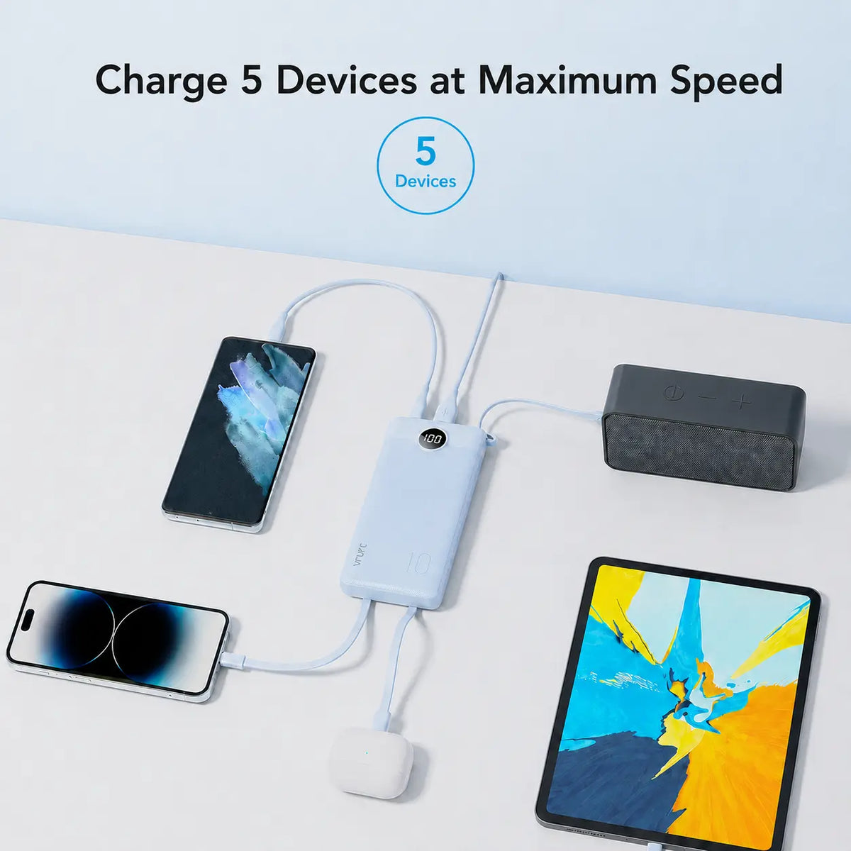 VRURC 10000Mah Portable Charger, Slim Power Bank Built-In 4 Cables, Travel Essential Flight-Safe, USB C Battery Pack, LED Display Phone Charger 5 Outputs for Iphone 17/16/15, Samsung,Android - Black