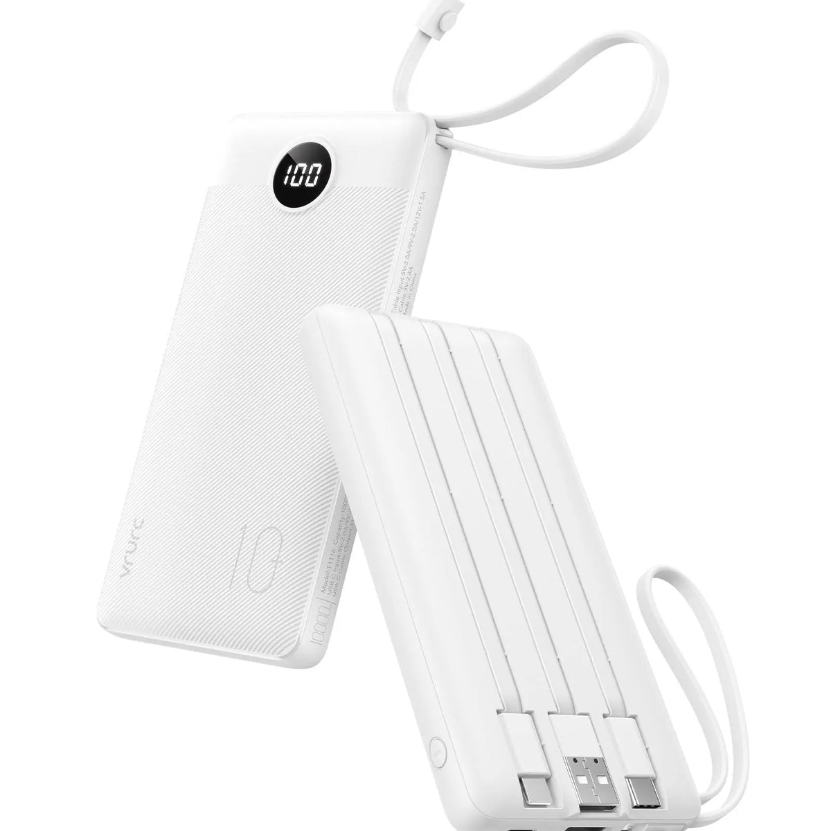 VRURC 10000Mah Portable Charger, Slim Power Bank Built-In 4 Cables, Travel Essential Flight-Safe, USB C Battery Pack, LED Display Phone Charger 5 Outputs for Iphone 17/16/15, Samsung,Android - Black