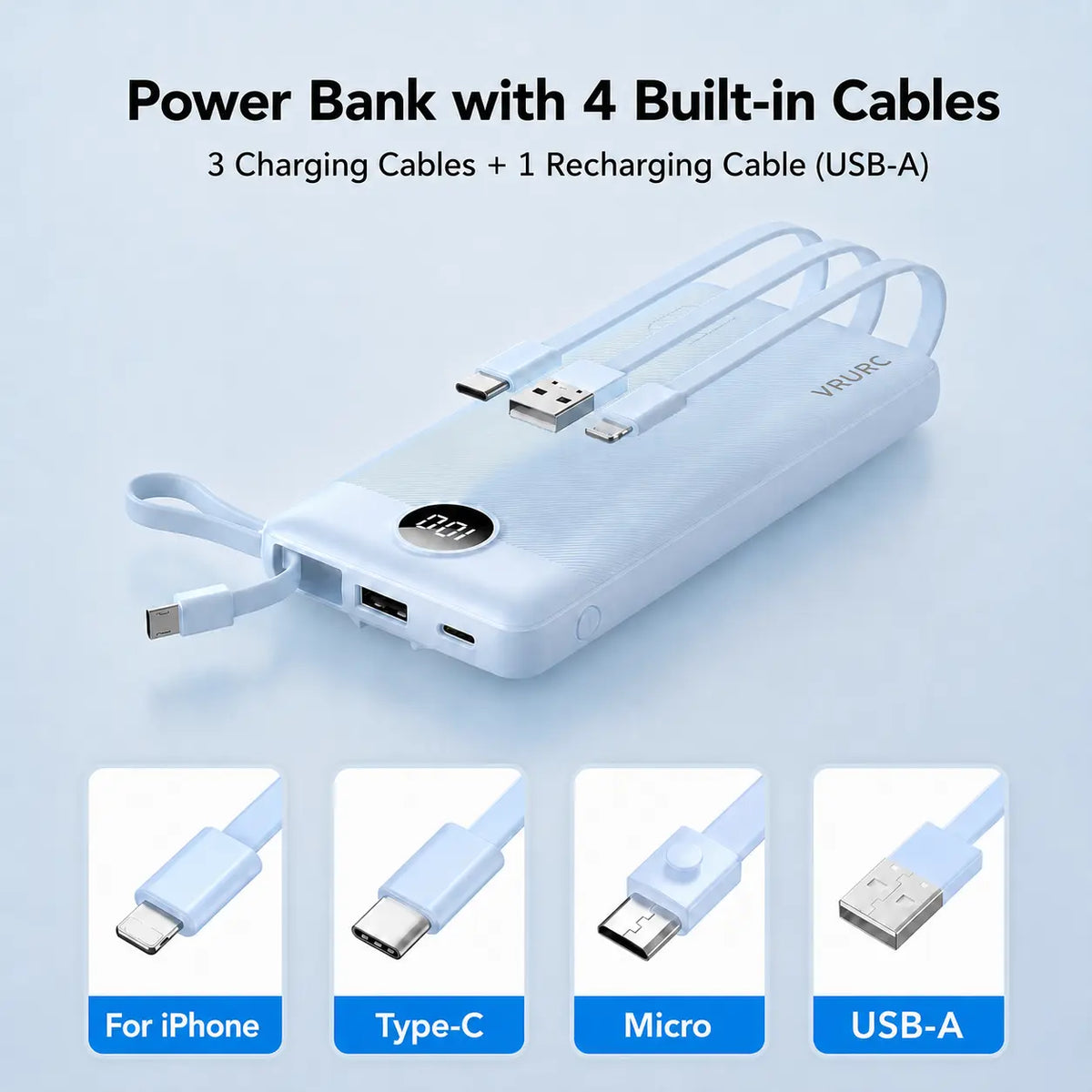VRURC 10000Mah Portable Charger, Slim Power Bank Built-In 4 Cables, Travel Essential Flight-Safe, USB C Battery Pack, LED Display Phone Charger 5 Outputs for Iphone 17/16/15, Samsung,Android - Black
