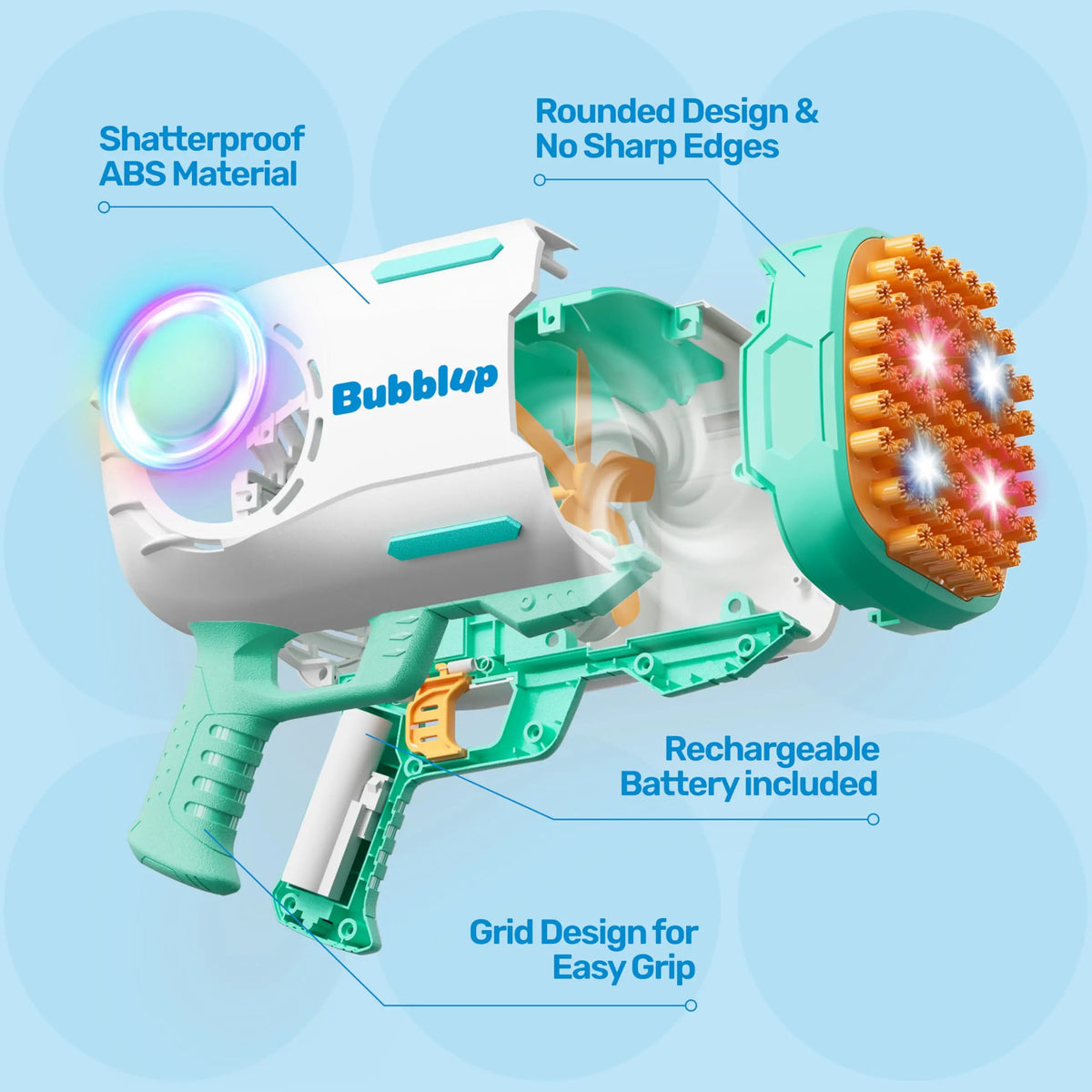 Play-Act 69 Holes Bubble Machine Guns Toys, Bazooka Rocket Shape Bubble Gun for Kids Adults, Colored Lights Blaster Blower with Solution Outdoor, Summer Toys, Party Favors, Wedding, Birthday, Easter Dealsforyoudays