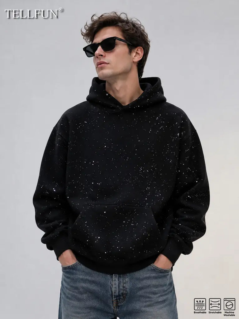 Tellfun--Sequined Pullover Hoodie - Fashionable Casual Long-Sleeved Menswear Top with Pockets, Loose-Fitting Y2K Galaxy Sweatshirt for Autumn & Winter