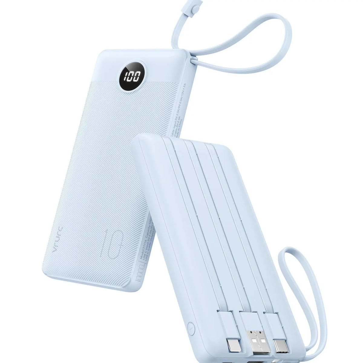 VRURC 10000Mah Portable Charger, Slim Power Bank Built-In 4 Cables, Travel Essential Flight-Safe, USB C Battery Pack, LED Display Phone Charger 5 Outputs for Iphone 17/16/15, Samsung,Android - Black