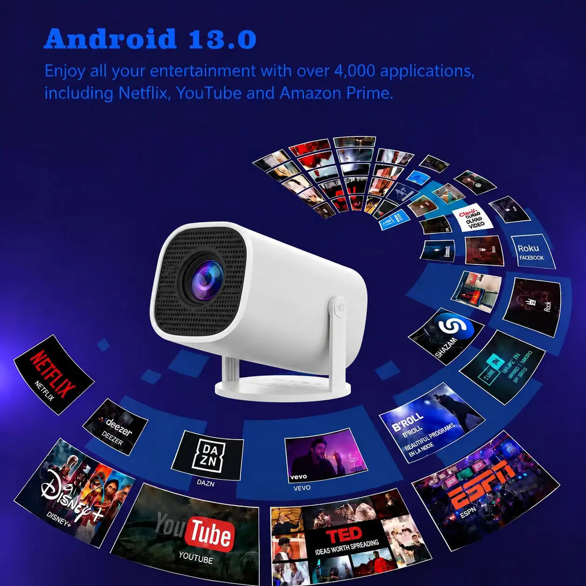 Mini Projector 350ANSI 720P Native with 4K Decode - Portable Home Cinema for Bedroom & Living Room, Real 1080P Upscale, Android 13, Dual Wifi6, Bluetooth 5.2, Auto Keystone, 130" Screen, US Stock