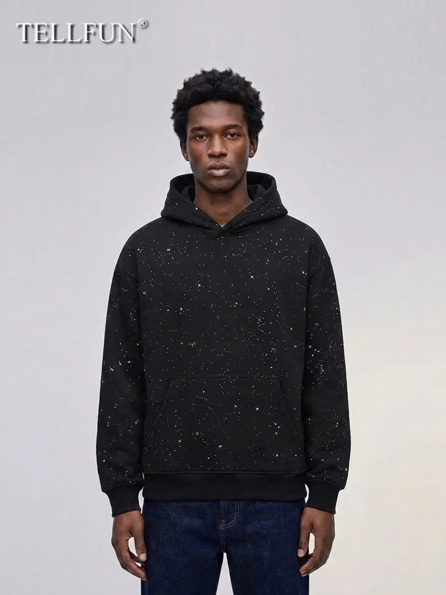 Tellfun--Sequined Pullover Hoodie - Fashionable Casual Long-Sleeved Menswear Top with Pockets, Loose-Fitting Y2K Galaxy Sweatshirt for Autumn & Winter