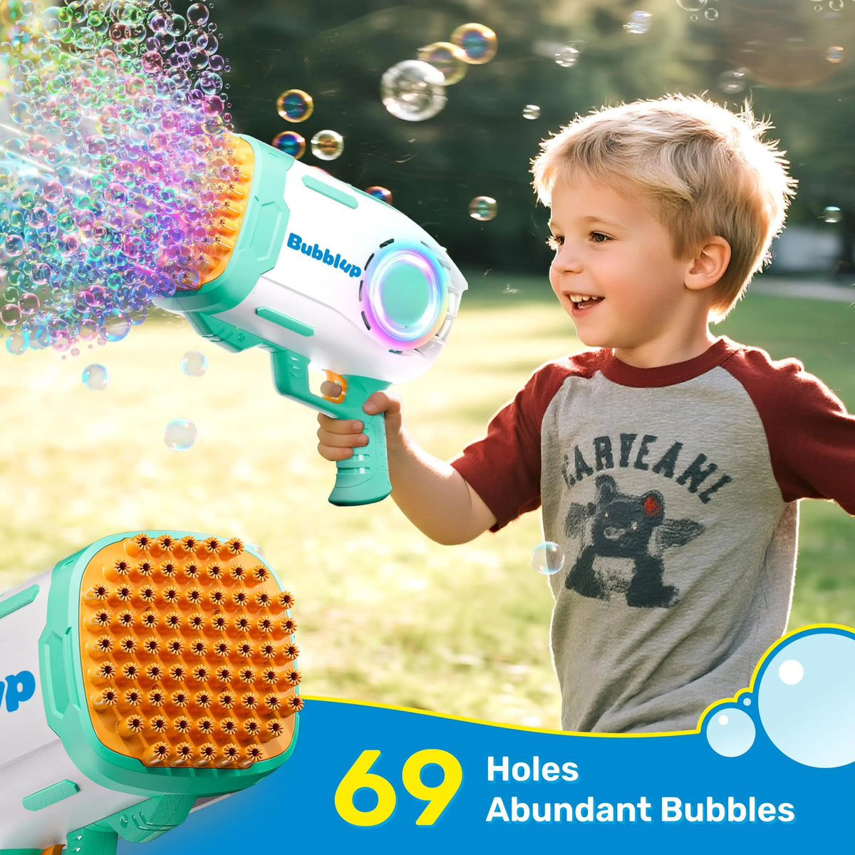 Play-Act 69 Holes Bubble Machine Guns Toys, Bazooka Rocket Shape Bubble Gun for Kids Adults, Colored Lights Blaster Blower with Solution Outdoor, Summer Toys, Party Favors, Wedding, Birthday, Easter Dealsforyoudays