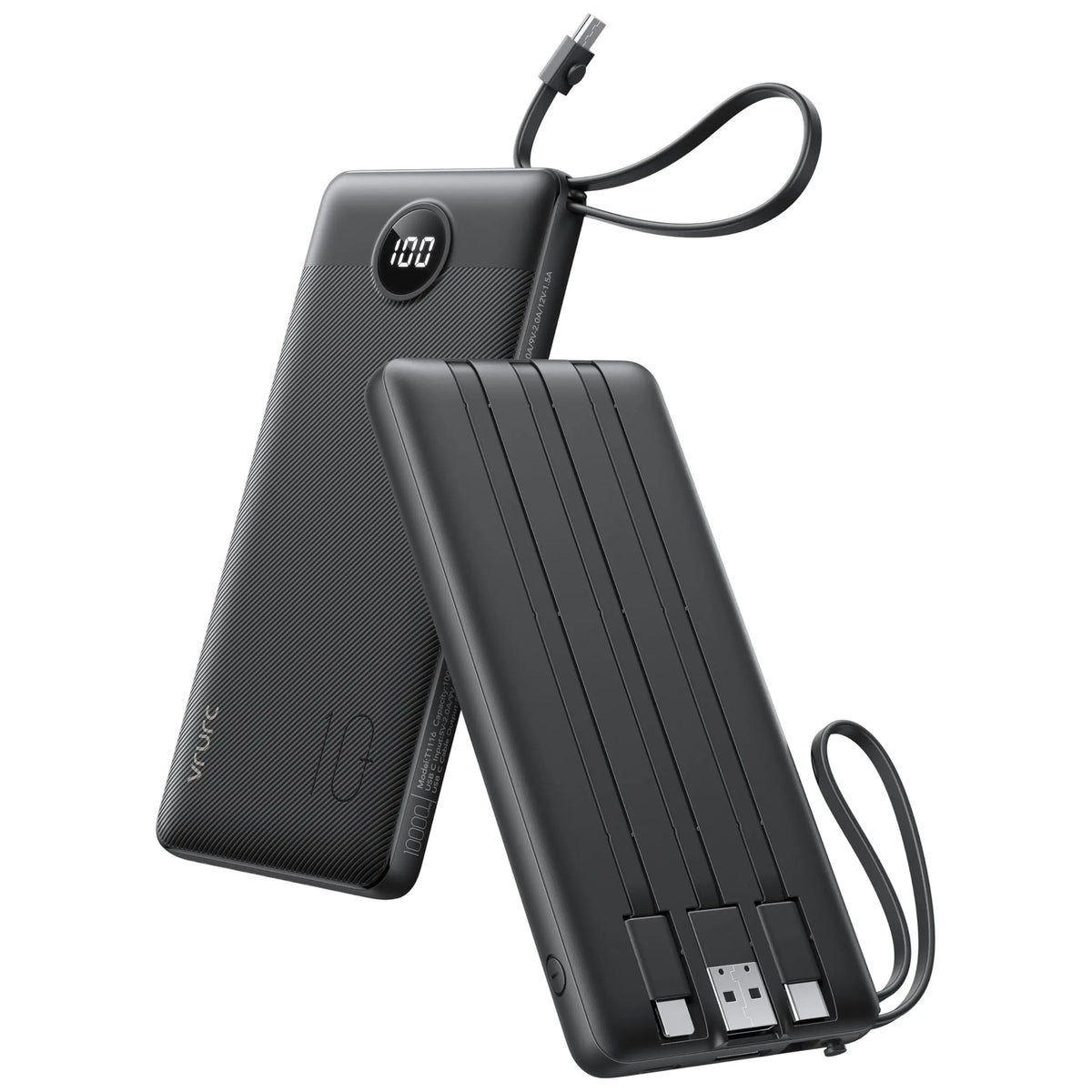 VRURC 10000Mah Portable Charger, Slim Power Bank Built-In 4 Cables, Travel Essential Flight-Safe, USB C Battery Pack, LED Display Phone Charger 5 Outputs for Iphone 17/16/15, Samsung,Android - Black